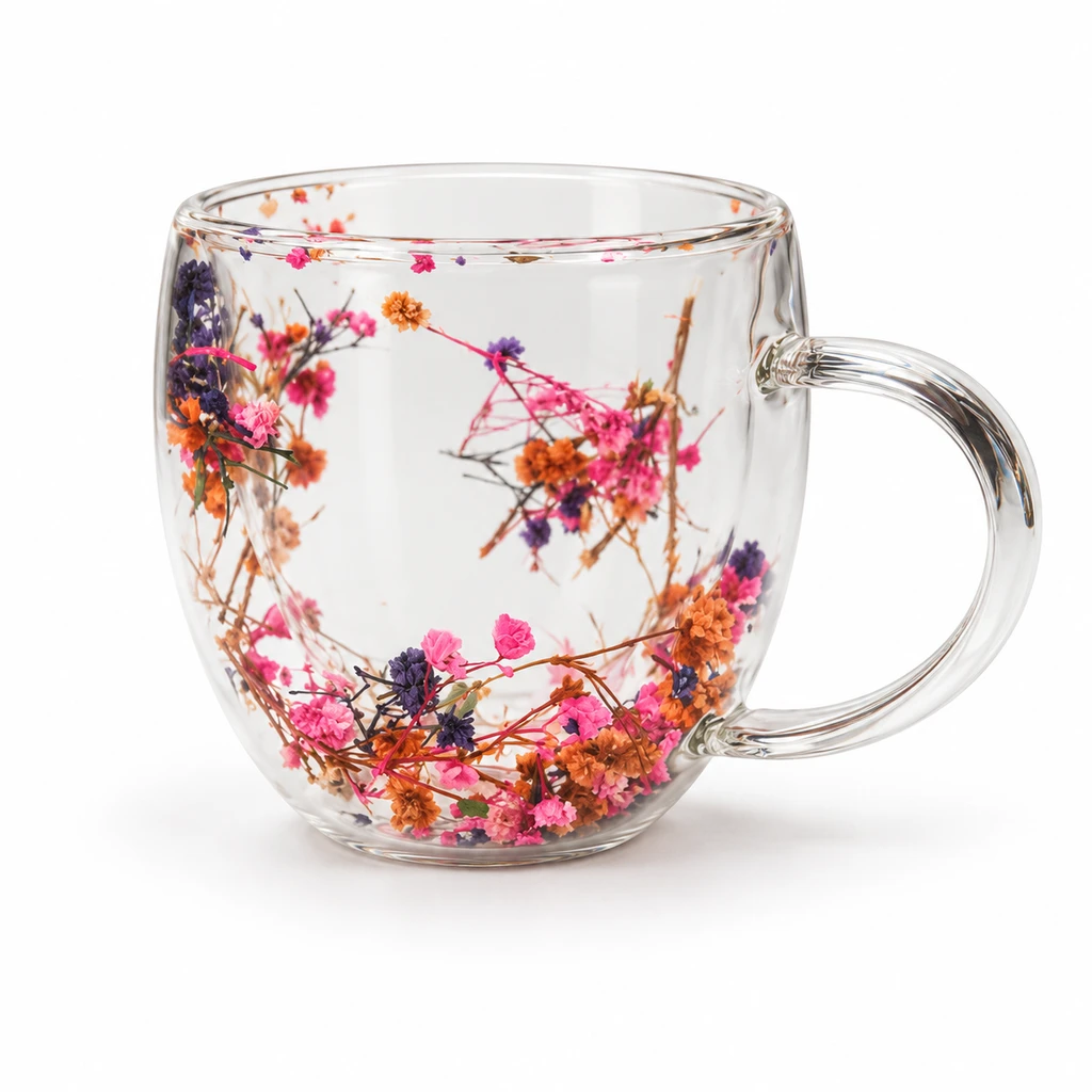 Double Wall Dried Flower Glass Mug